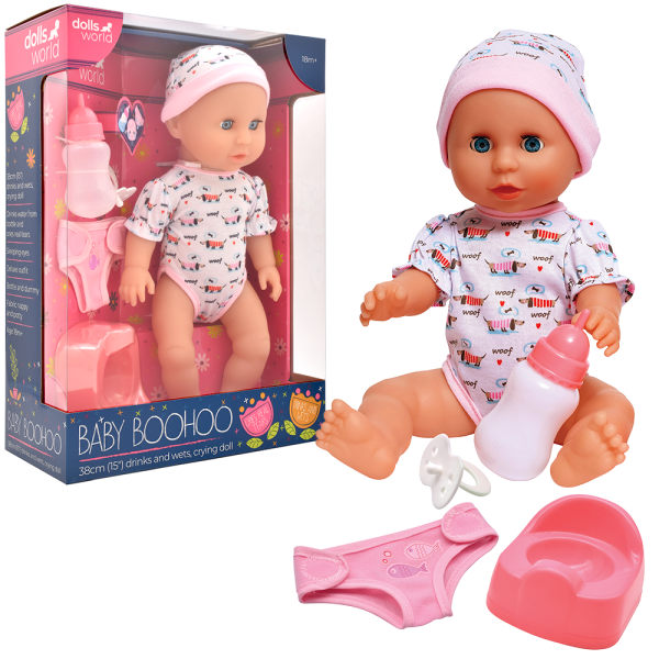 Dolls World – Miminko Baby Boohoo 38 cm pije, čůrá a pláče + příslušenství