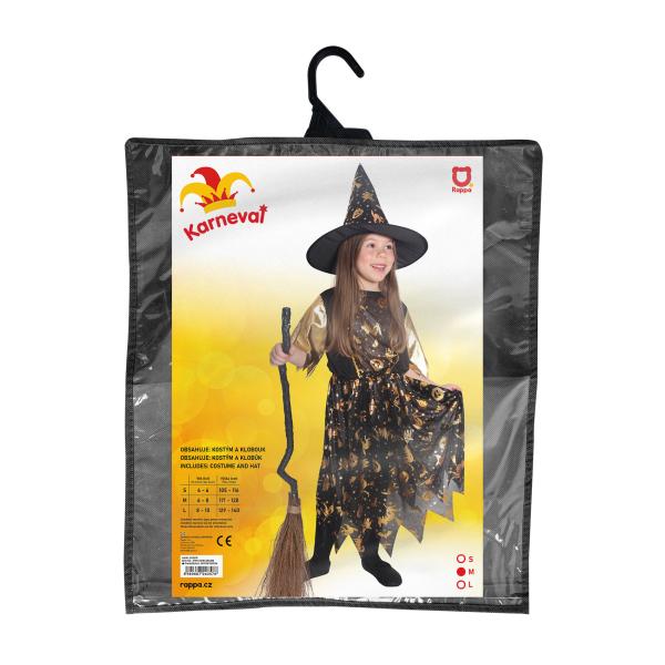 Dětský kostým čarodějnice černo-zlatý s kloboukem (M)