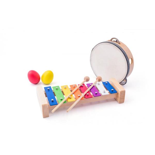 Woody muzikální set (xylofon, tamburína / bubínek, triangl, 2 maracas vajíčka)