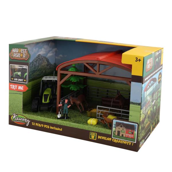 Traktor se zvukem a světlem s ohradou pro koně a příslušenstvím