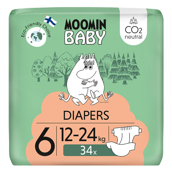 Moomin Baby 6 Maxi 12–24 kg (34 ks), eko plenky