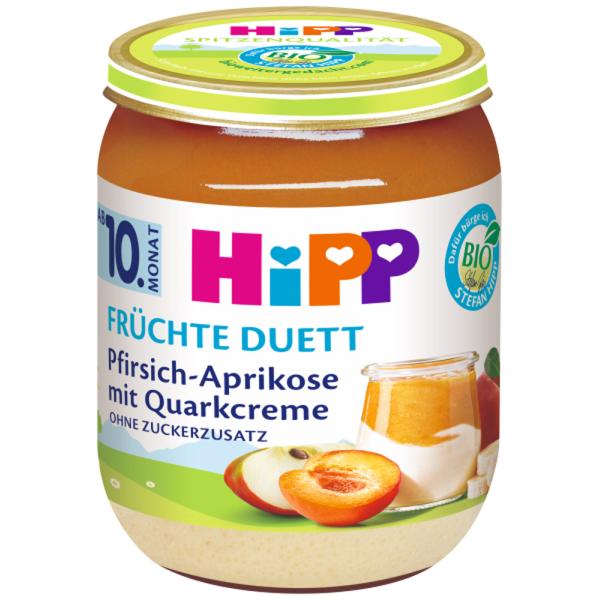 HiPP BIO Ovocný duet Broskyňa -Marhuľa s tvarohovým krémom 160g, od 10. mesiaca