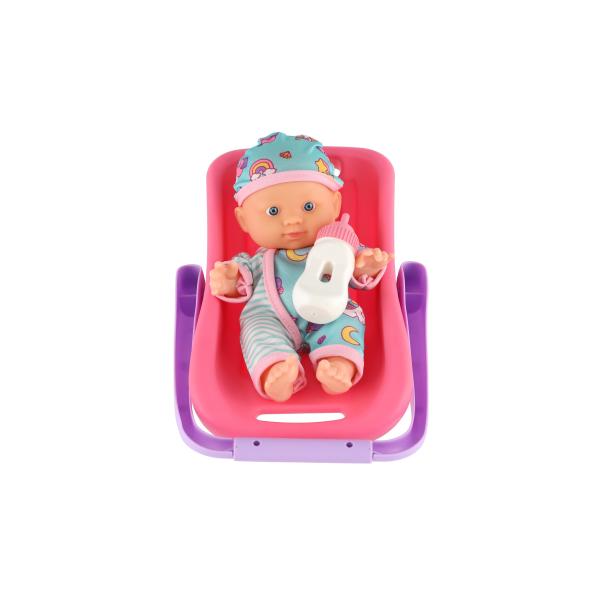 Bábika bábätko 20 cm plast v nosítku/autosedačke, s fľaškou