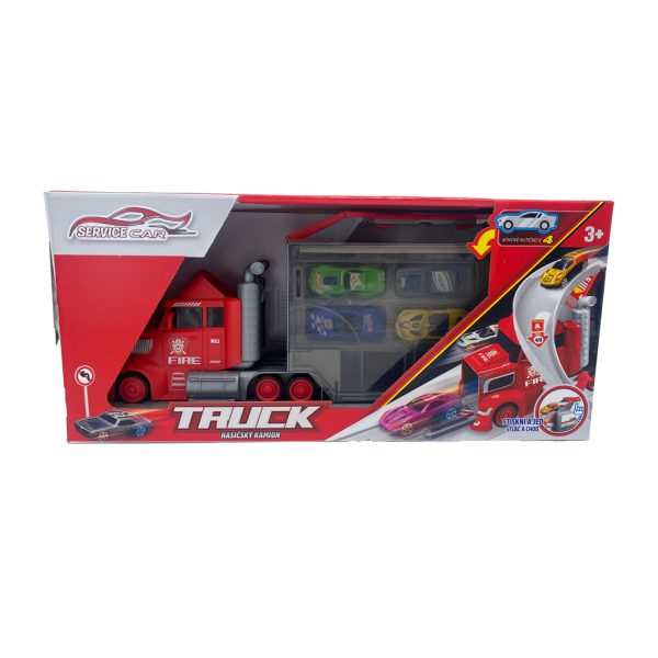 Hasičský kamión se 4 auty a dopravními značkami