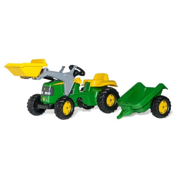 Rollytoys Šlapací traktor Rolly Kid John Deere s vlečkou a nakladačem - zelený