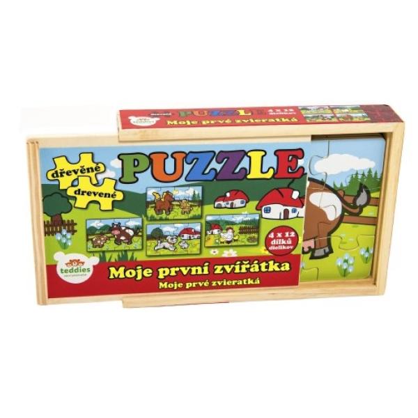 Puzzle dřevěné Moje první zvířátka 4x12 dílků 20x14x3, 5cm v dřevěné krabičce