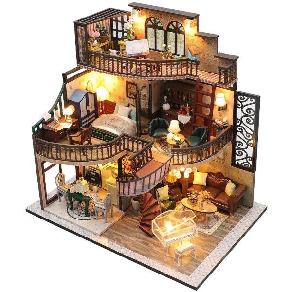 Villa Building Set In Miniatura – Legno Fai Da Te Modello Hobby Kit – Villa Con Luce Led – Decorazione Fai Da Te Casa – Regalo Per Adulti-image
