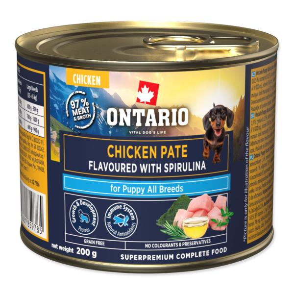 Konzerva Ontario Puppy kuřecí paté s příchutí spiruliny 200g