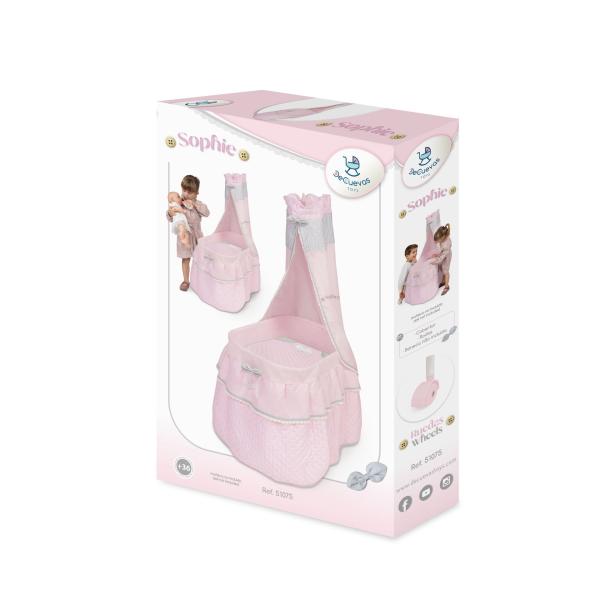 DeCuevas 51075 Pojízdná postýlka pro panenky s nebesy a peřinkou Sophie 2025