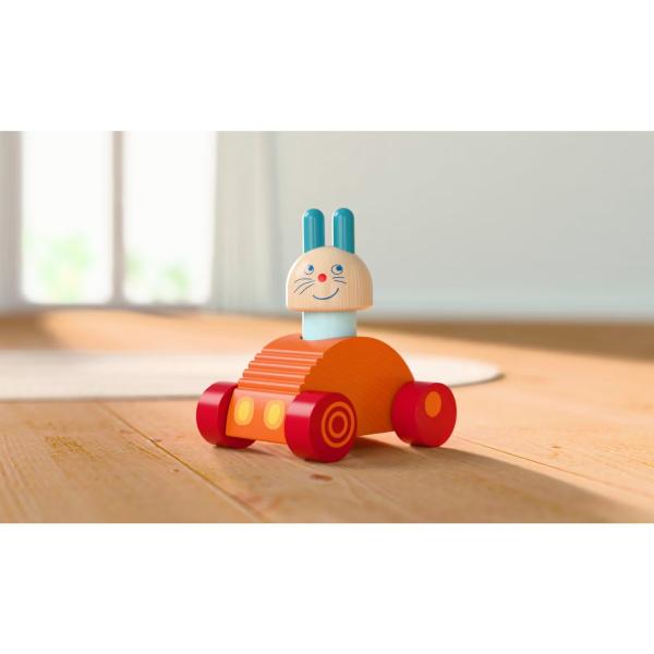 Haba Dřevěná hračka 2v1 Dřevěné auto a kolébka Zajíček