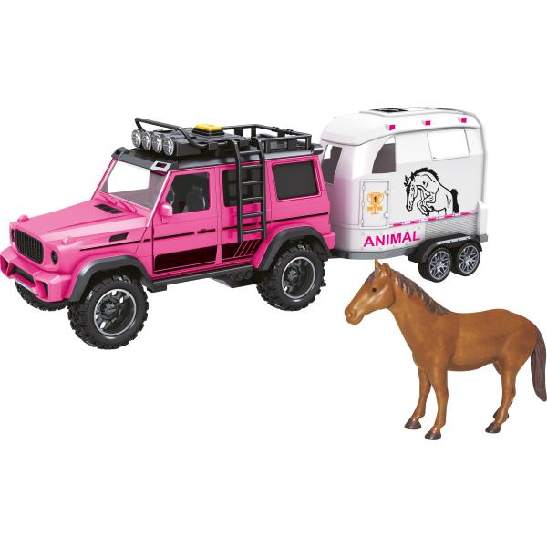 CITY SERVICE CAR - 1:14 - Růžové terénní vozidlo s přívěsem a koněm se zvukem a světly