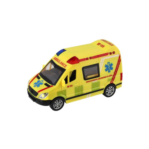 Auto záchranáři, ambulance plast 14,5 cm na baterie se světlem, zvukem na setrvačník