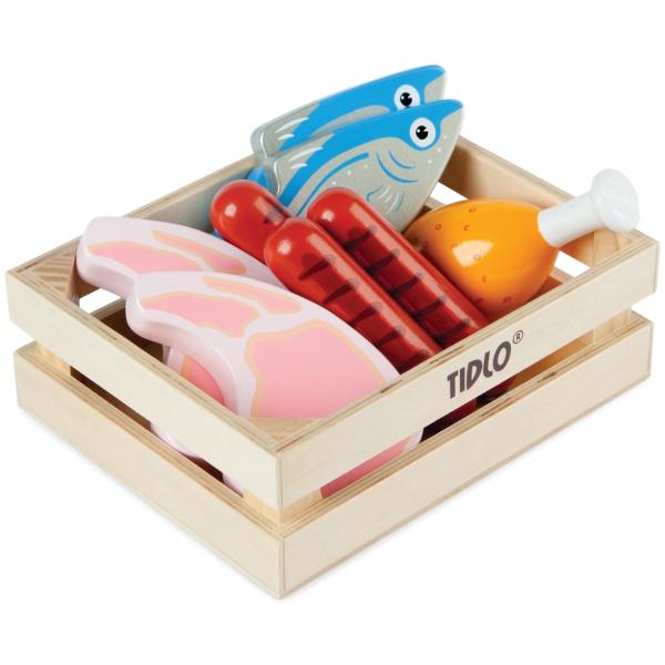 Tidlo Drevená debnička s mäsom a rybami
