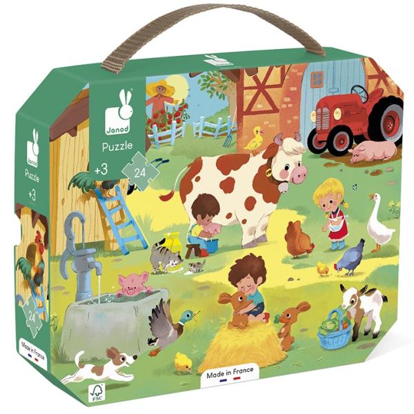 Janod Puzzle v kufríku Deň na farme 24 ks