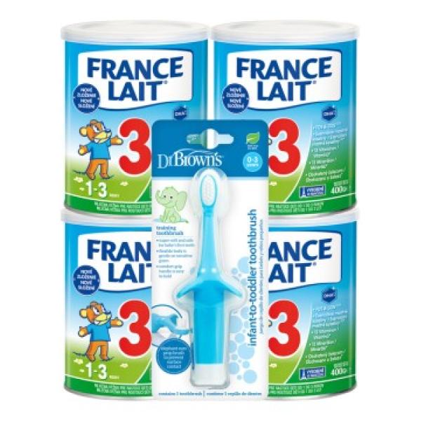 France Lait 3 se železem + DHA od 1 roku 4x400g + Dr. Brown’s Zubní kartáček Sloník