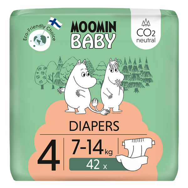 Muumi Baby Pannolini Ecologici Taglia 4, 7-14 Kg, 42 Pannolini Premium Con Barriera Anti-Perdite | Morbidi E Delicati Sulla Pelle, Traspiranti, Assorbenti, Senza Sostanze Chimiche Inutili |-image