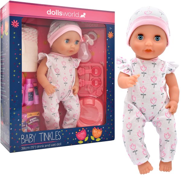 Dolls World – Miminko Baby Tinkles 38 cm pije a čůrá + bohaté příslušenství