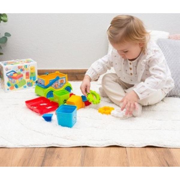 Autobus/vkládačka 20cm volný chod + pyramida skládací kalíšky 5ks a kostka vkládací