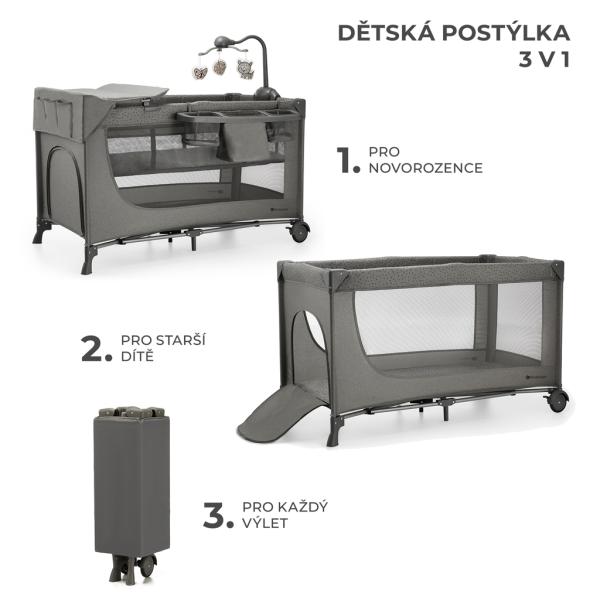 KINDERKRAFT Postýlka cestovní Joy 2 s doplňky Tmavě šedá