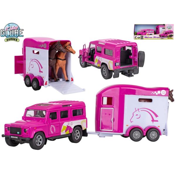 Kids Globe Traffic Land Rover růžový kov s přívěsem pro koně 28cm zpětný chod (obrázek 3)