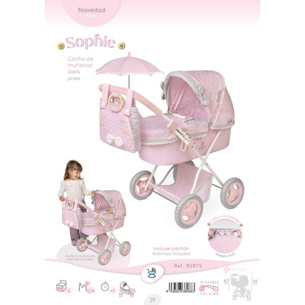 DeCuevas 85075 Skládací kočárek pro panenky se slunečníkem a taškou Sophie 2025 – 60 cm