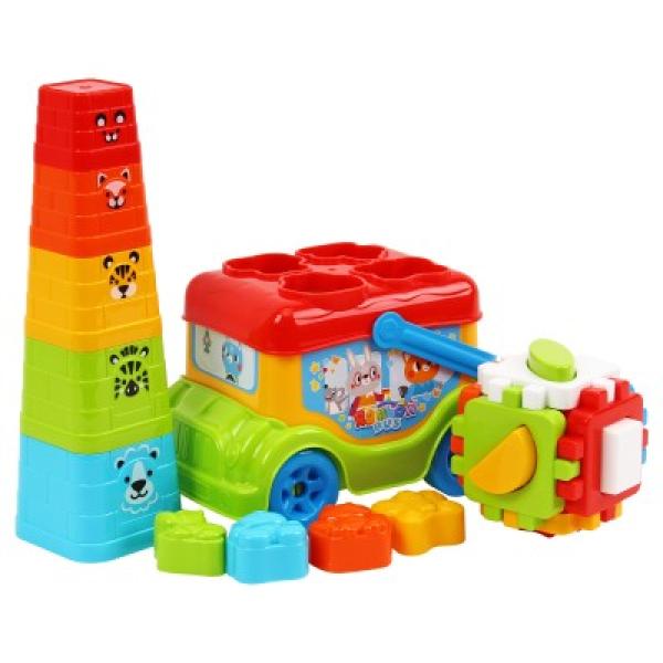 Autobus/vkladačka 20cm voľný chod + pyramída skladacie kalíšky 5ks a kocka vkladacia