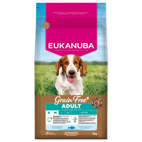 Mangime EUKANUBA Grain Free Adult Small & Medium ricco di pesce oceanico 3 kg