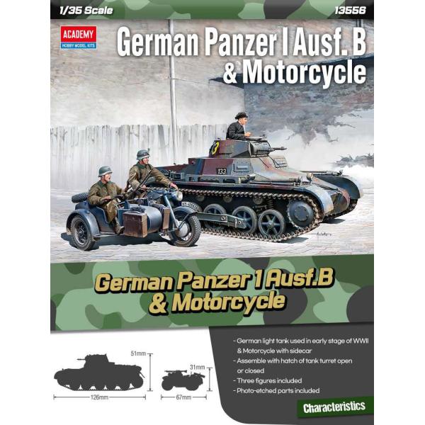 Model Kit vojenský 13556 - Německý Panzer I Ausf.B & Motocykl (1:35)