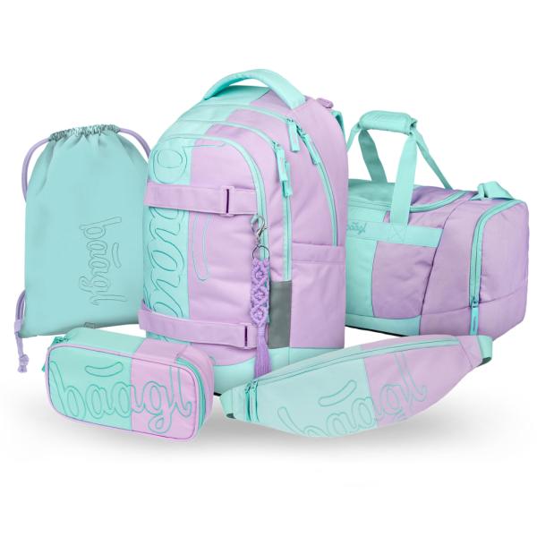 Baagl Set Di Zaini Per La Scuola, Per Ragazzi E Ragazze, 5 Pezzi, (Skateboard, Skate Max, Astuccio, Sacca Sportiva, Marsupio), Zaino Ergonomico Per La Scuola, 30 L, Sweet, L-image
