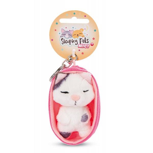 NICI klíčenka Spící kočička 8cm flekatá, košík růžový