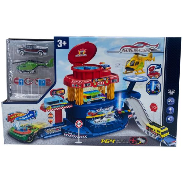 Velký SET garáž 32 ks s autem měnící barvu a letadlem