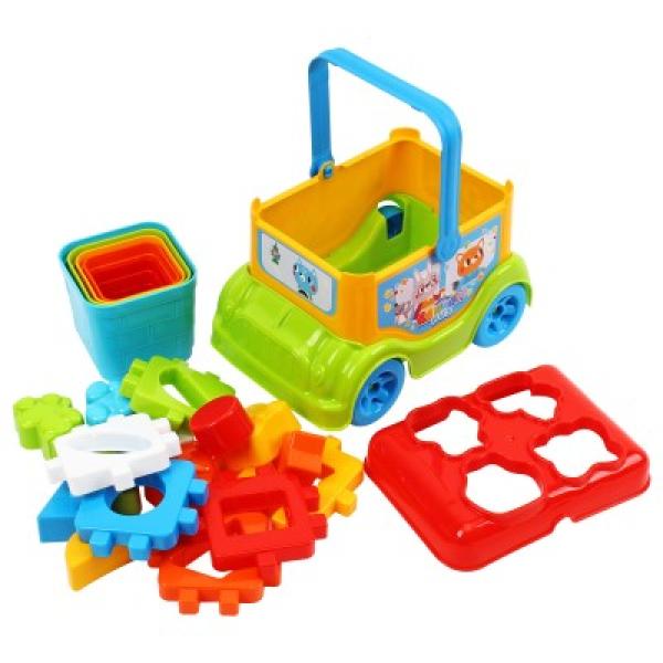 Autobus/vkládačka 20cm volný chod + pyramida skládací kalíšky 5ks a kostka vkládací
