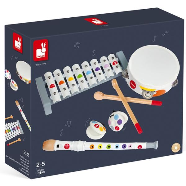 Janod Dřevěná sada hudební nástroje Confetti flétna-tamburína-xylofon-kastaněty (obrázek 3)