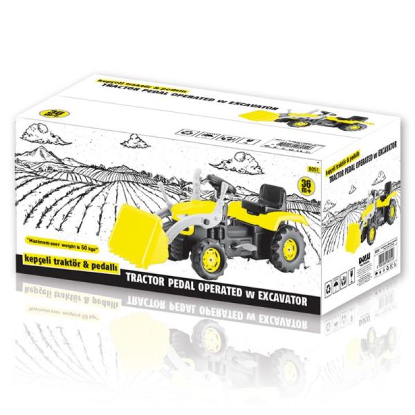 Dolů Velký šlapací traktor s rypadlem, žlutý