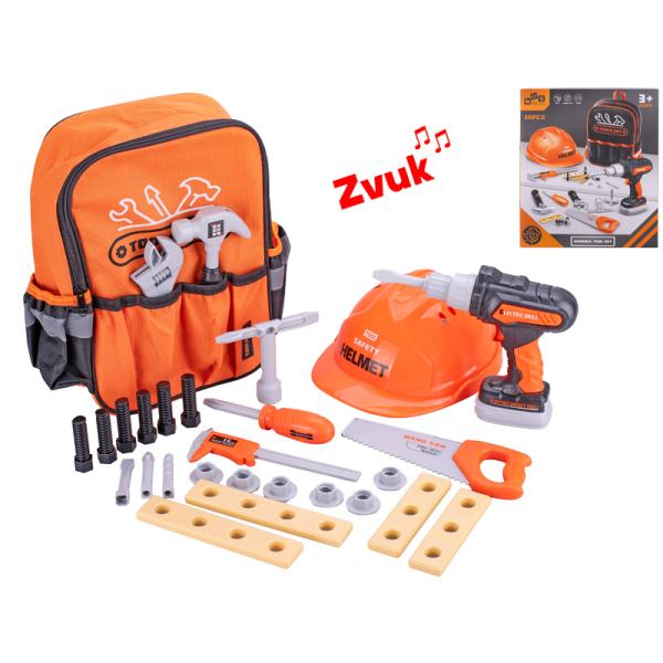 Sada nářadí s vrtačkou 15cm na baterie se zvukem s batůžkem a doplňky 28 ks