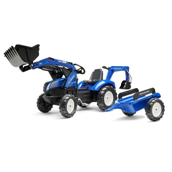 Falk Tractor de pedales 3090Y New Holland T8 con cargador frontal y remolque azul