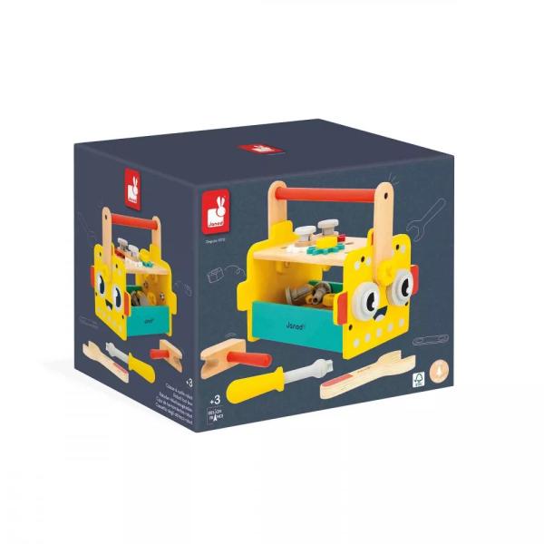 Janod BricoKids Dřevěné nářadí a stavebnice v přenosném boxu Robot 30 ks (obrázek 6)