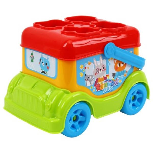 Autobus/vkládačka 20cm volný chod + pyramida skládací kalíšky 5ks a kostka vkládací