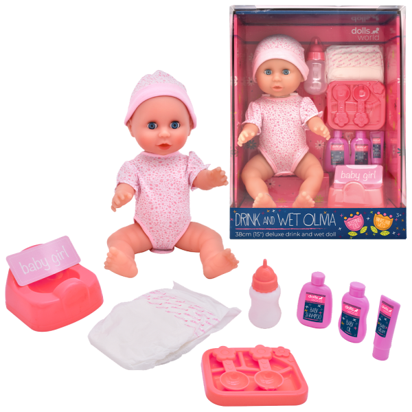 Dolls World – Miminko Olivia 38 cm pije a čůrá se zavíracíma očima a příslušenstvím