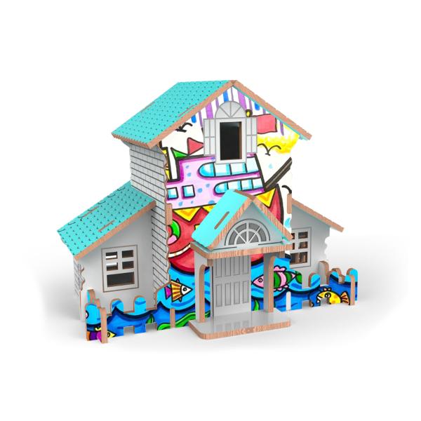 Puzzle 3D drevené domček s farbami