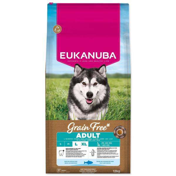 Mangime EUKANUBA Grain Free Adult Large ricco di pesce oceanico 12 kg