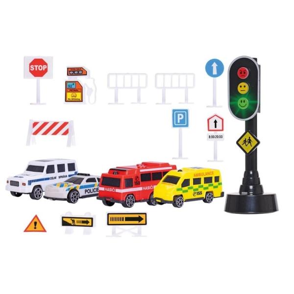 Sada aut 4ks 7cm s dopravními značkami a semaforem na baterie se světlem