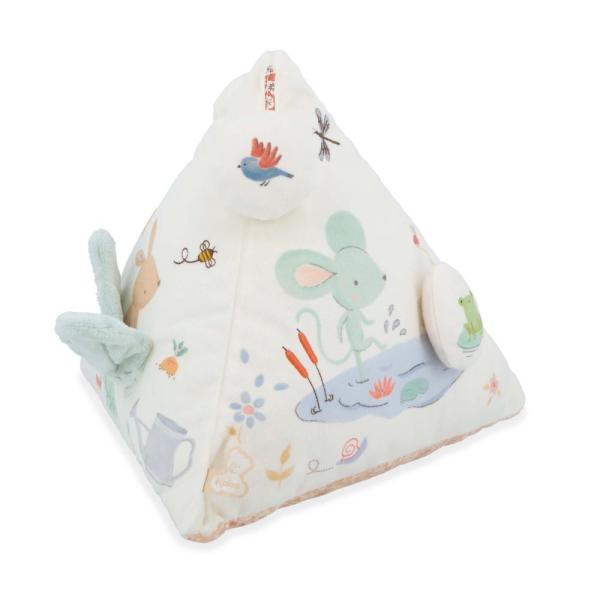 Kaloo Petit Chansons Textilní hračka trojúhelník s aktivitami a rolničkou