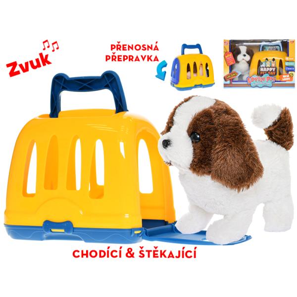 Plyšový pejsek 19cm chodící a štěkající s přepravkou