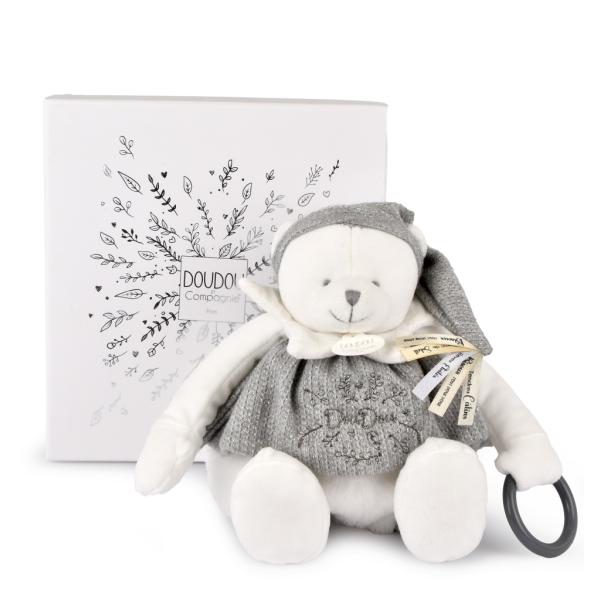 Doudou Darčeková sada Plyšový ľadový medvedík s krúžkom 30 cm sivý