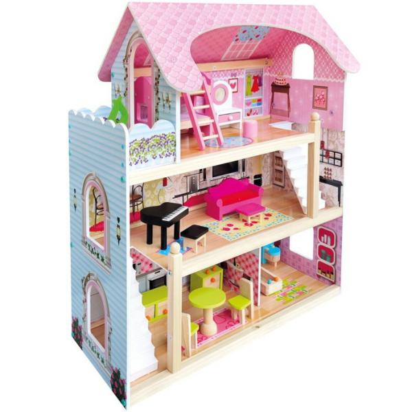 Bino Domeček pro panenky – S balkonem a vybavením 15 ks
