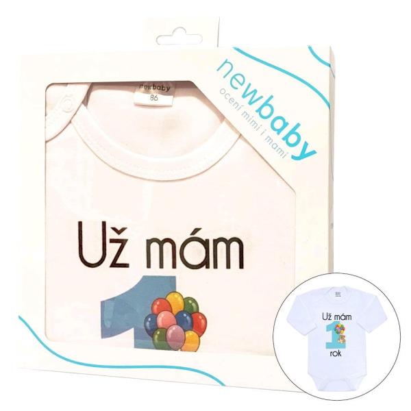 Body s potlačou New Baby Už mám 1 rok modré - darčekové balenie