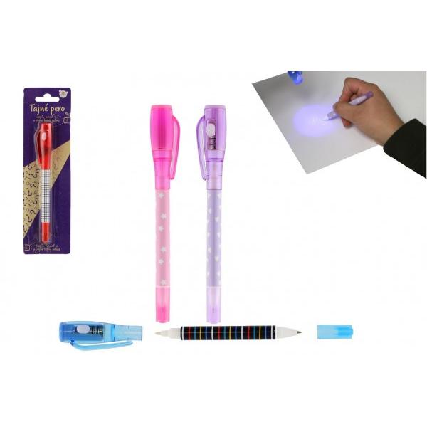 Tajné pero s neviditeľným atramentom a ÚV svetlom + pera plast 15cm na batérie 4 farby