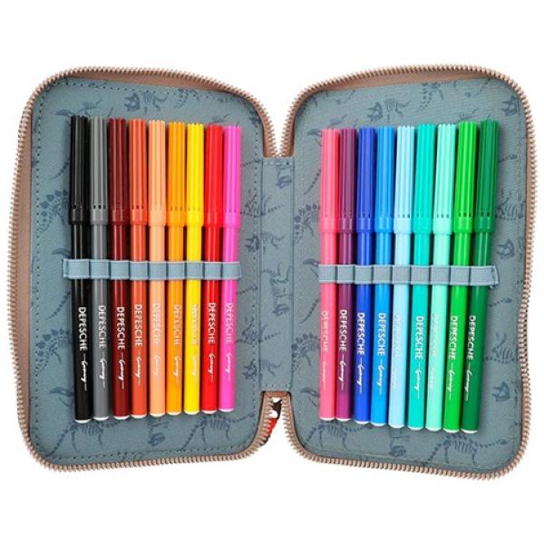 Penál s výbavou Dino World, Hnědý T-Rex, třípatrový, se světelným efektem