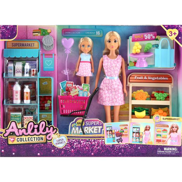 Sada panenek a holčičky s nákupním vozíkem v supermarketu